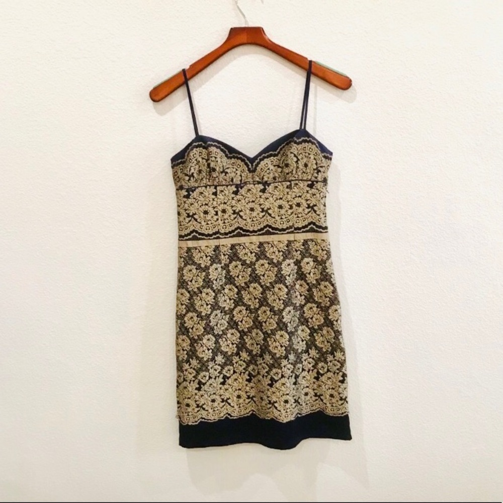NINE WEST velvet jacquard navy gold spaghetti strap dress sz 2